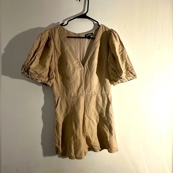 Express Linen-Blend Puff Sleeve Romper - Picture 2 of 7